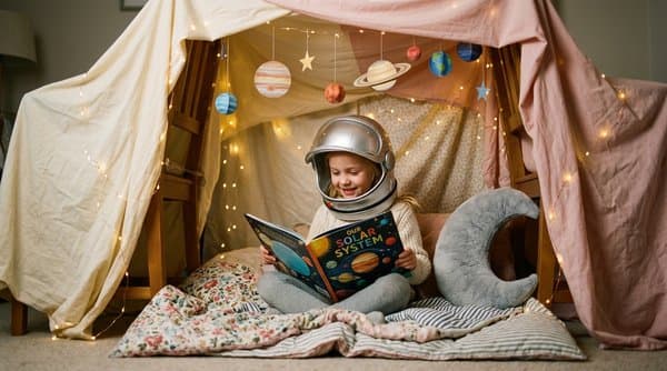 Niño leyendo un libro personalizado de aventuras de astronauta