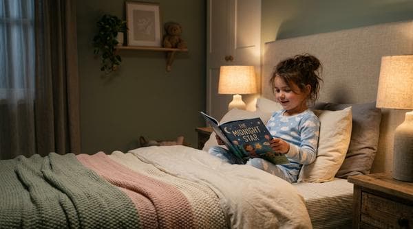 Padre leyendo un cuento antes de dormir a su hijo