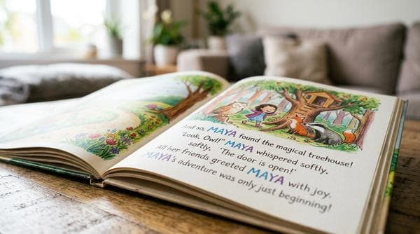 Child engaged in reading a personalized storybook