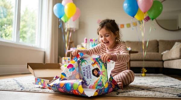 Niño abriendo regalos de cumpleaños con un libro personalizado
