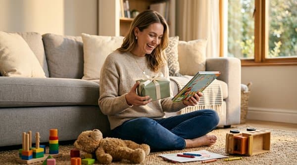 Mom holding a personalized storybook gift