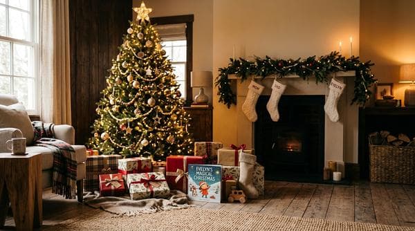 Child reading a personalized Christmas storybook under the tree