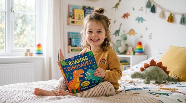 Niño leyendo un libro personalizado de aventuras de dinosaurios
