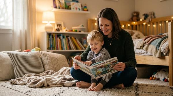Child happily reading a book on a cozy couch