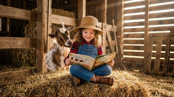 Child reading a personalized farm adventure book