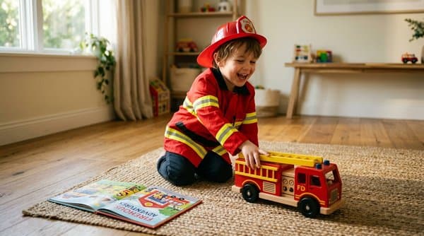Niño leyendo un libro personalizado de aventuras de bomberos