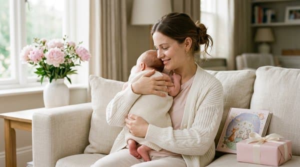 New mom reading a personalized First Mother's Day book