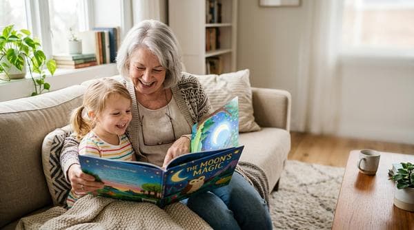Abuelo leyendo un libro personalizado con su nieto