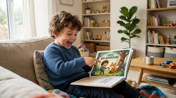 Niño señalando emocionado su propia imagen en un libro personalizado