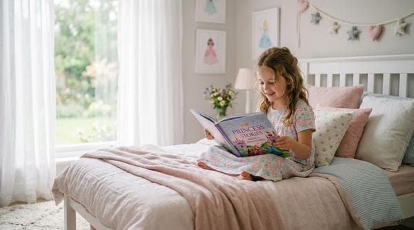 Niña leyendo un cuento personalizado de princesas