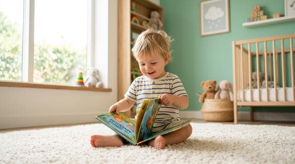 Toddler looking at a personalized picture book