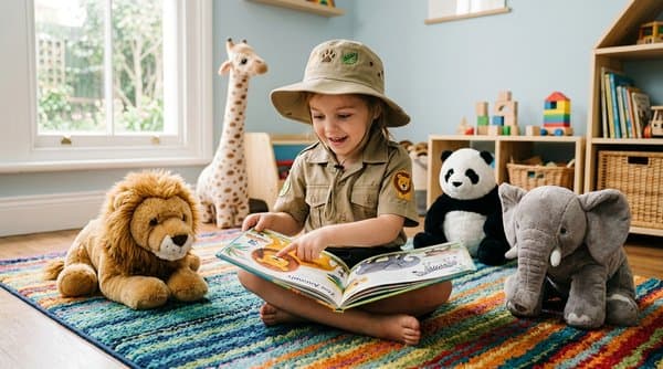 Niño leyendo un libro personalizado de aventuras de cuidador del zoológico