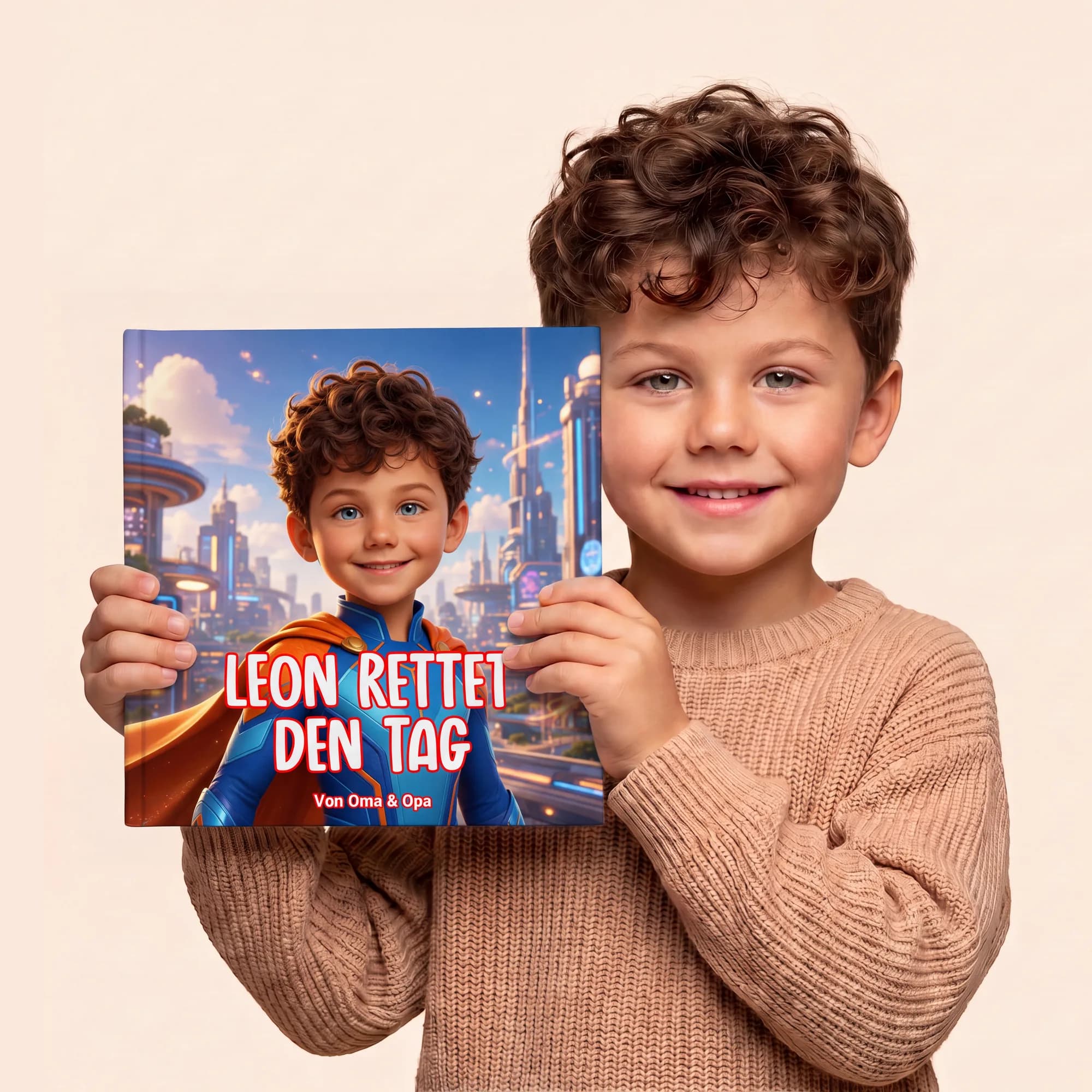 Lachender Junge mit seinem personalisierten Adorabook, mit seinem eigenen Superhelden-Titelbild