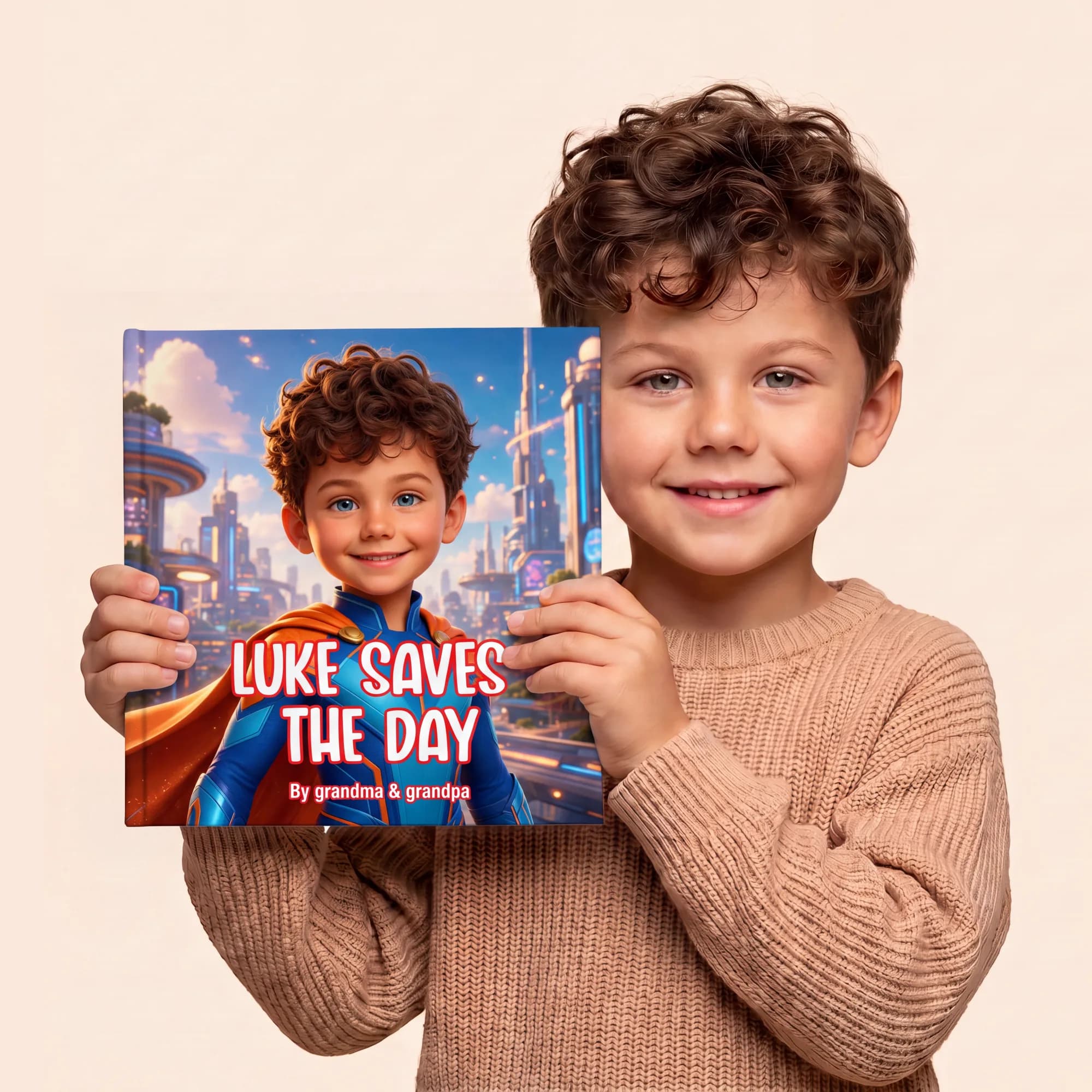 Smiling boy holding his personalized Adorabook storybook, with his own superhero cover