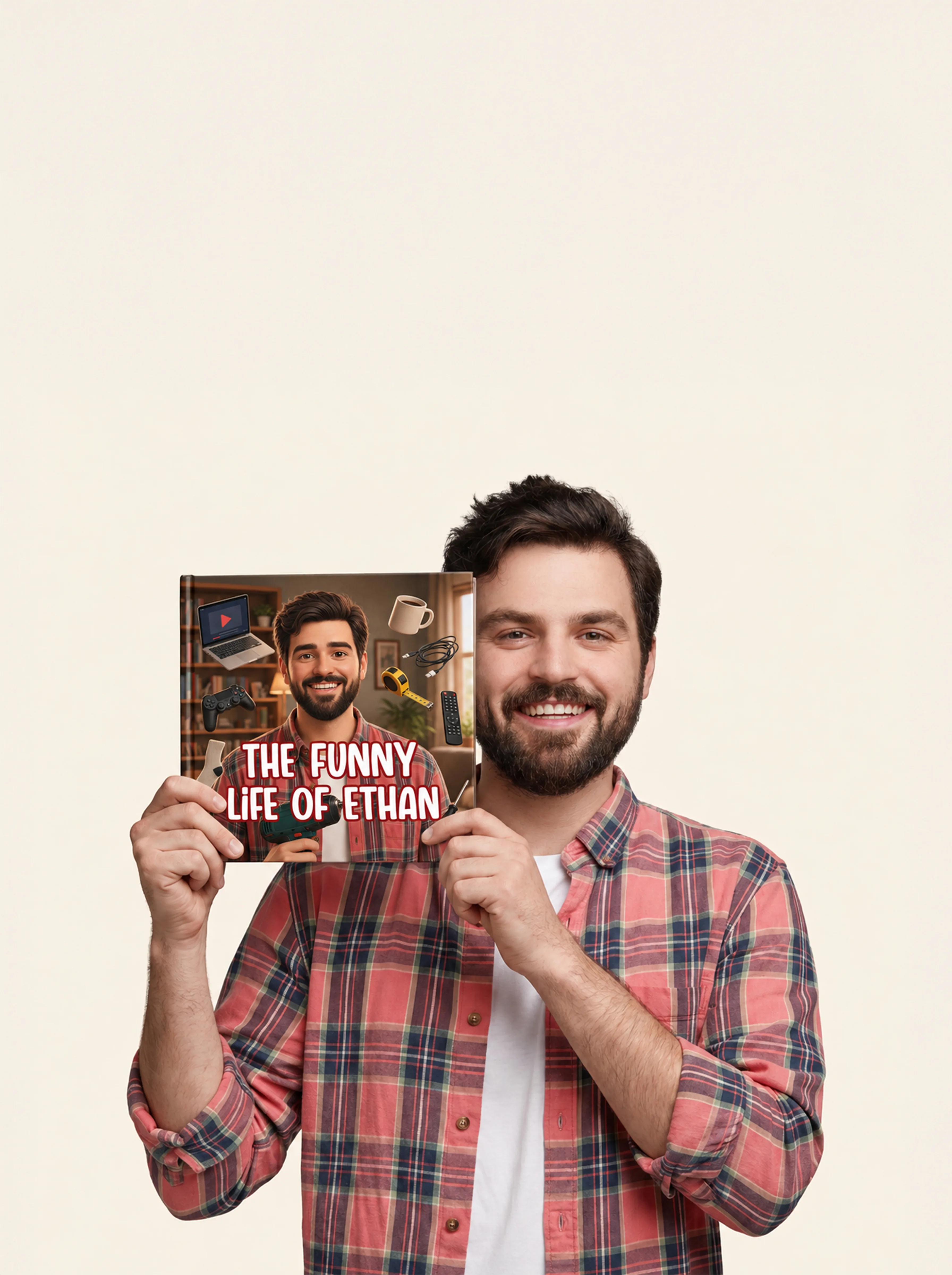 A man holding his personalized Adorabook gift book, "The Funny Life of Ethan"