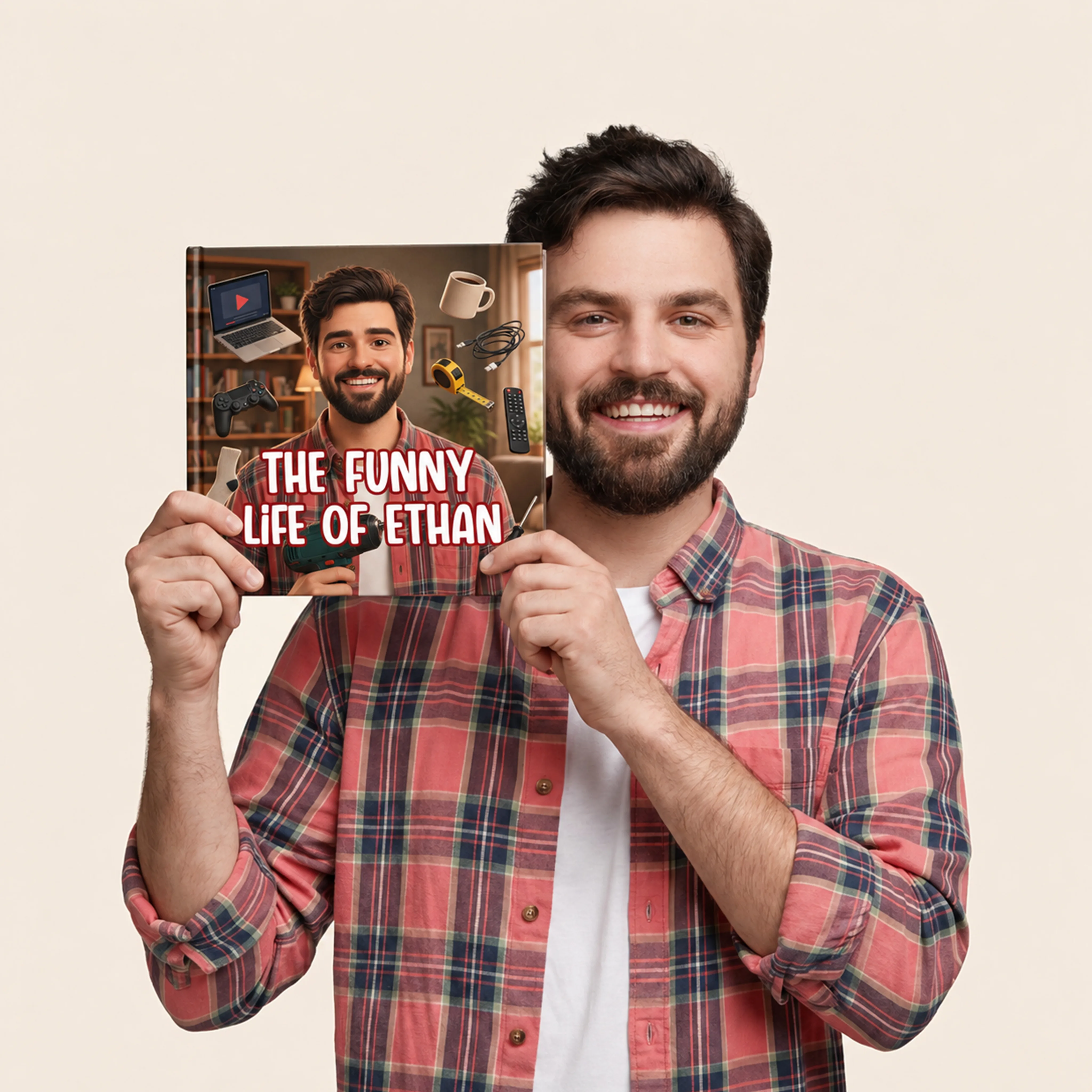 A man holding his personalized Adorabook gift book, "The Funny Life of Ethan"