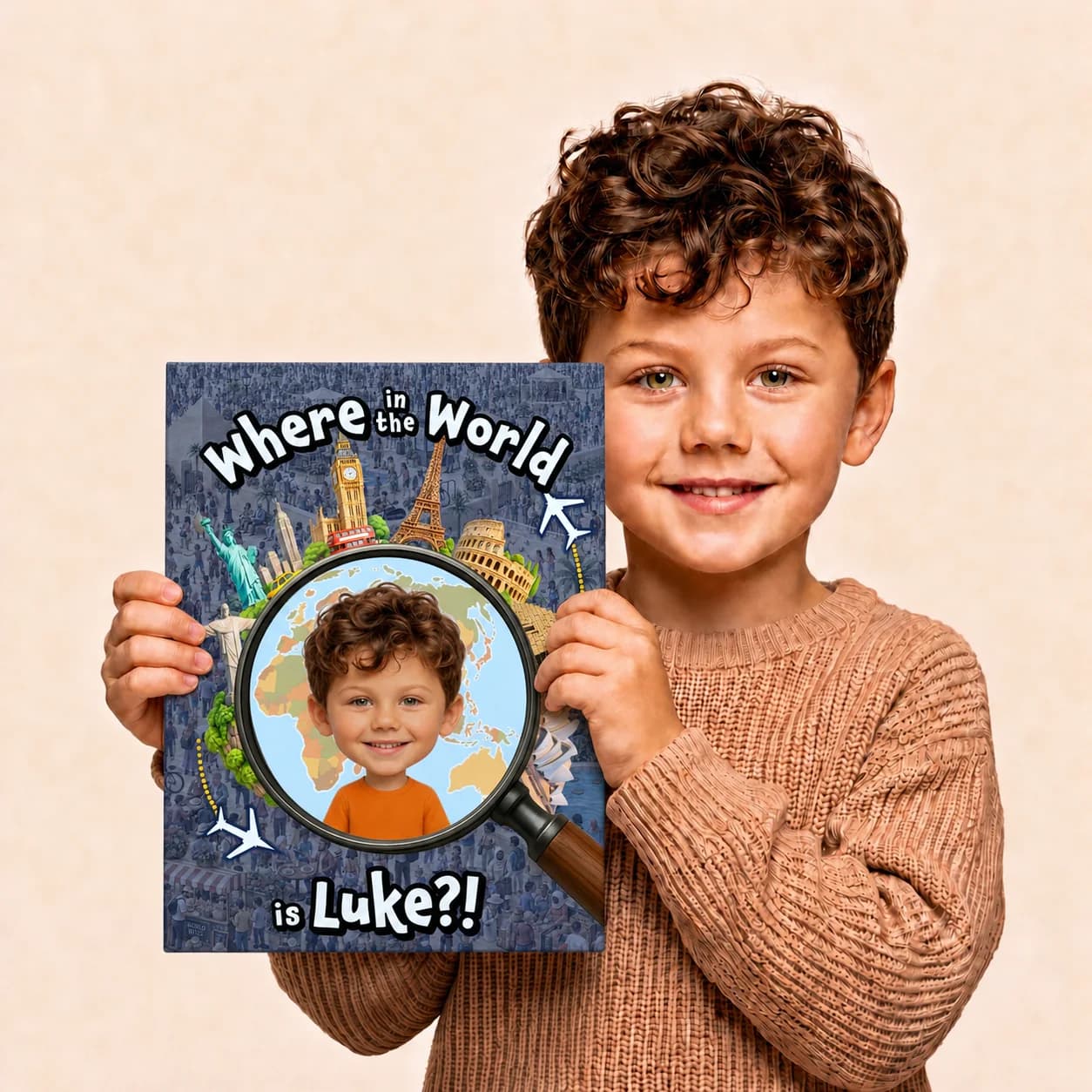 Happy boy holding his personalized Adorabook Where in the World search and find book